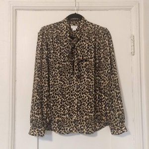 J. Crew Leopard Print Tie Neck Button Down Top - Size M